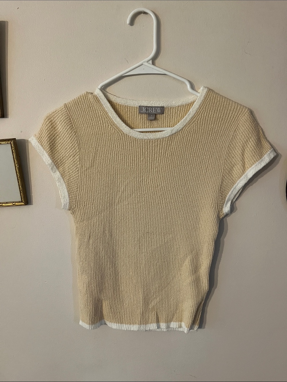 J. Crew Cream Ribbed Short Sleeve Top with White Trim